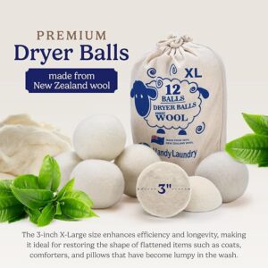 Handy Laundry Wool Dryer Balls - Natural Fabric Softener, Reusable, Reduces Clothing Wrinkles and Saves Drying Time, Better Alternative to Plastic Balls and Liquid Softener (Pack of 12)