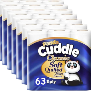 3-Ply Quilted Panda Toilet Rolls Super soft & durable comfort, 63 rolls bulk pack